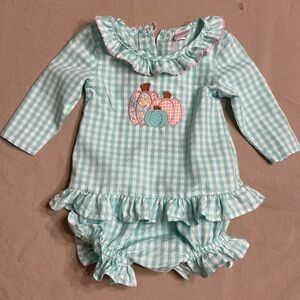 Kids Gingham Dress with Pumpkin Design